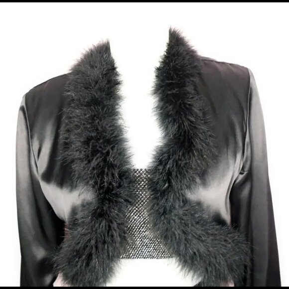 Vintage Black Satin Bolero, Satin with Maribou Feathers - 80s - Picture 3 of 12